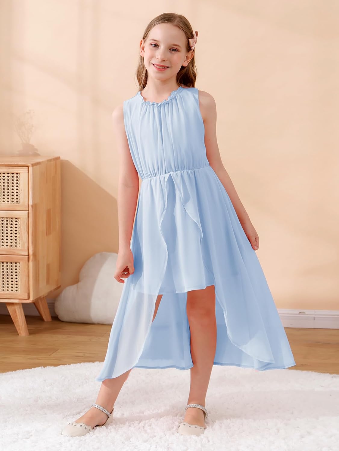 GORLYA Girls Sleeveless Ruffle Neck Hi-Lo Hem Overlay Formal Occasin Chiffon Long Party Dress 4-14T