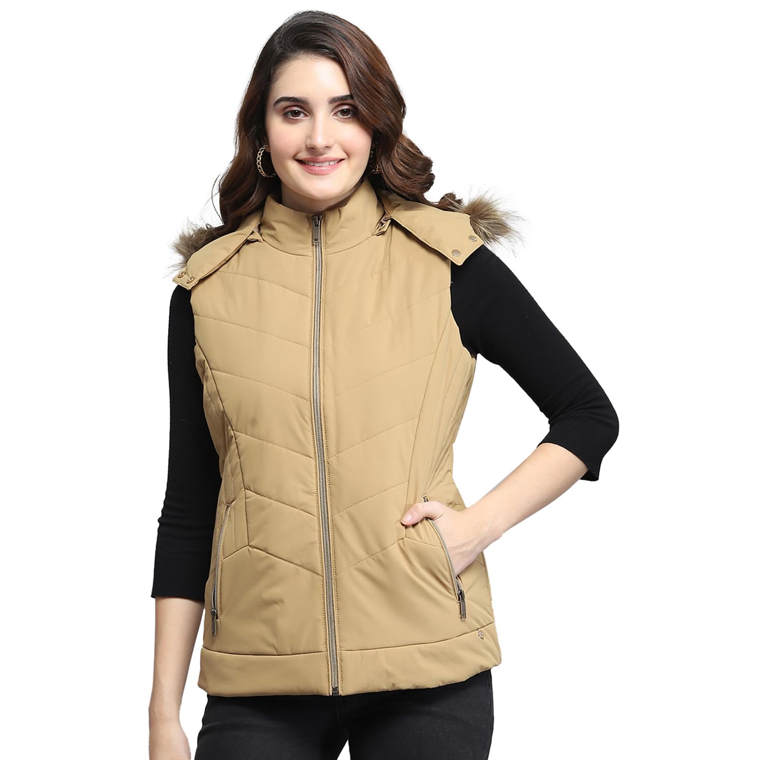 monte carlo Womens Solid Green Detachable Hood Sleeveless Jacket-picture-18