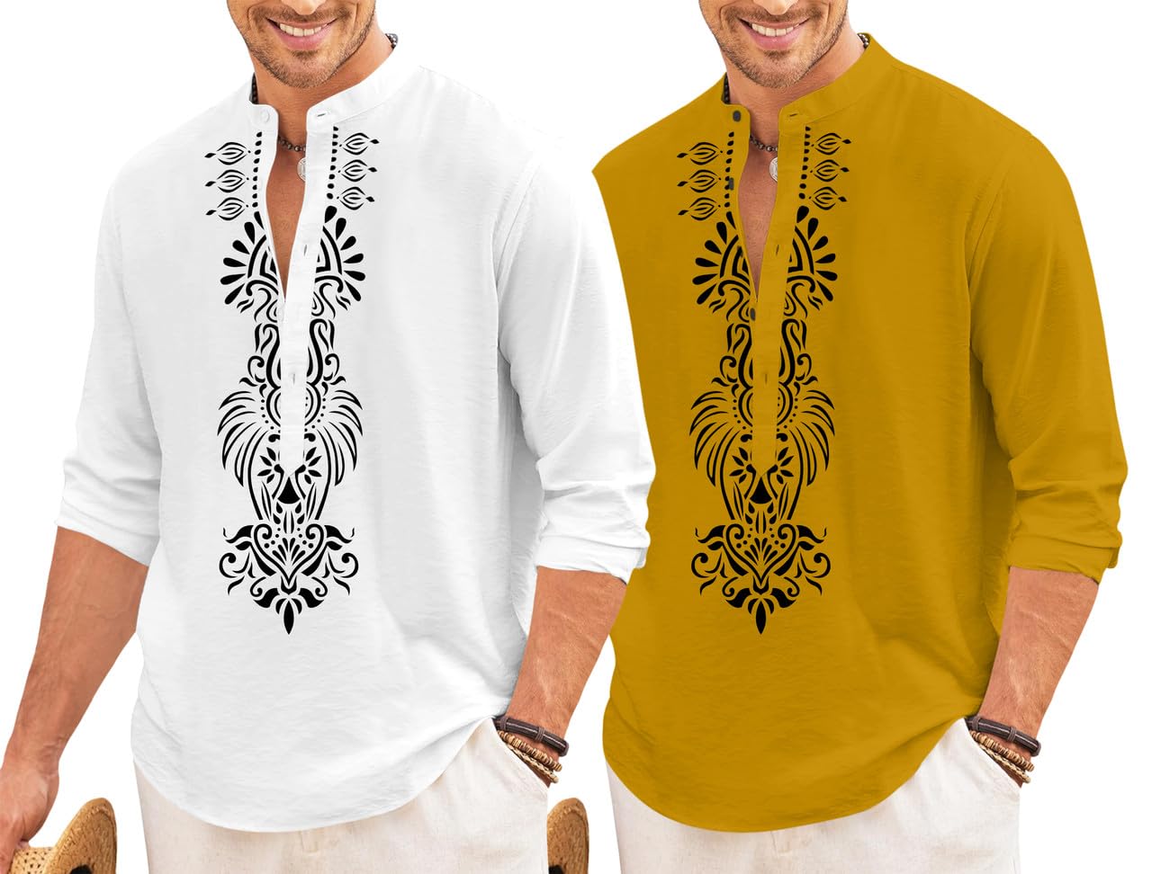 finivo fashion Men’s Combo of Cotton Blend Short Kurta with Stylish Varmala Printed Design | Mandarin Collar | Comfortable Regular Fit | Ideal for Festive, Casual (Pack of 2)-picture-33