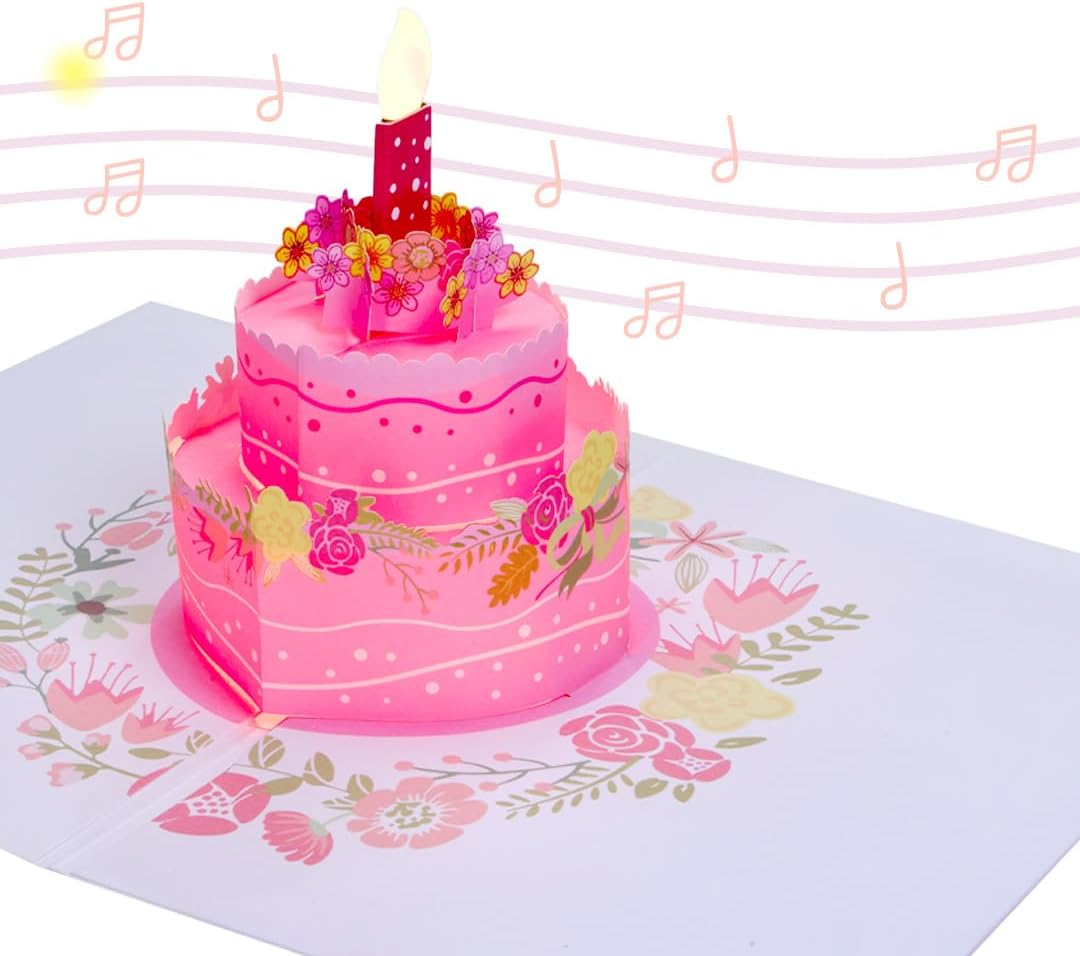 100 GREETINGS Birthday Cards with Lights & Music - Happy Birthday Card Mom, Birthday Gift for Son, Birthday Cards Women & Men, 1 Pop Up Birthday Card (Pink Cake)
