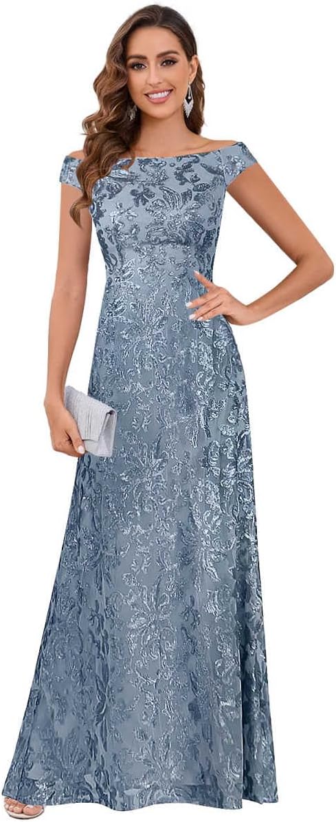 Off The Shoulder Mother of The Bride Dresses for Women Long Sparkly Sequin Formal Evening Gown
