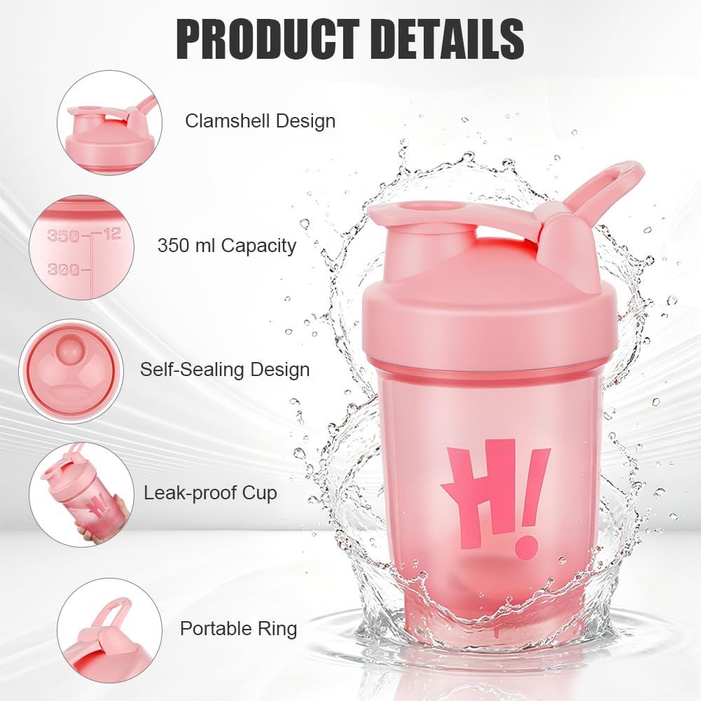 AOOWU Shaker per Proteine, 2 Pcs Shaker Proteico 350 ML con Sfera di Miscelazione, Agitatore Snap-Fit, Protein Bottiglie a Prova di Perdite, Bottiglie per Miscele di Proteine e Integratori, Senza BPA