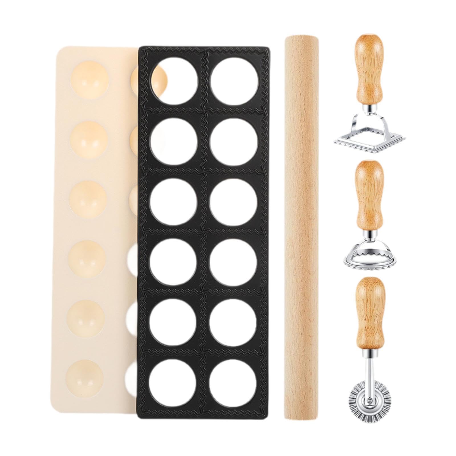 Juego de 5 Piezas para Hacer Ravioles, de Ravioles Y Herramienta para Pasta con Accesorios: émbolo, Rueda Y Rodillo de Madera. Ideal para El, Negro, Individual