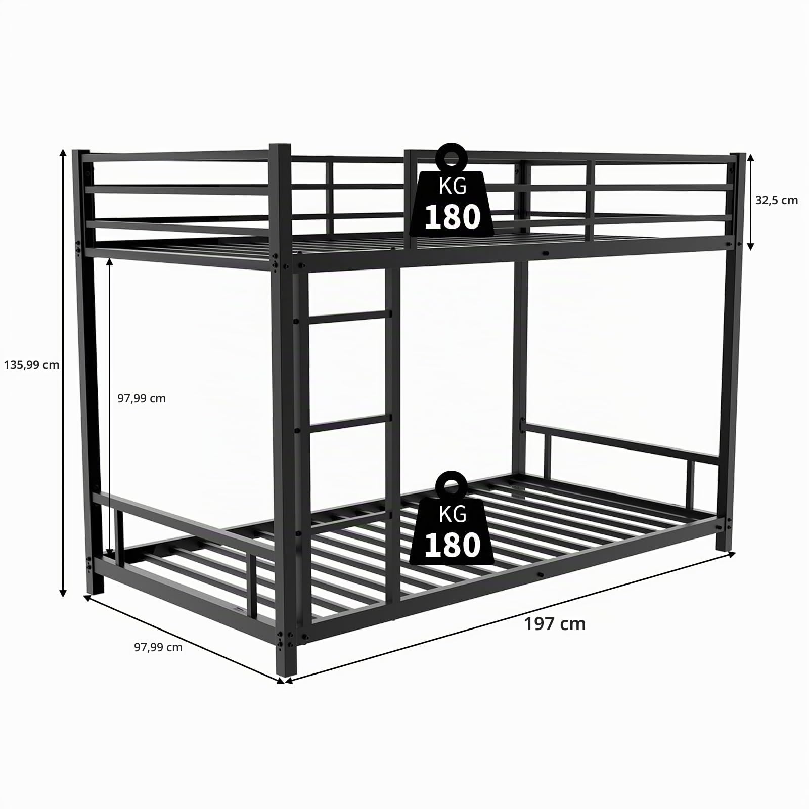 Lubvtti Litera para niños/adolescentes/adultos, cama para niños de 90 x 190 cm, de metal, con escalera y barandilla (C-negro)