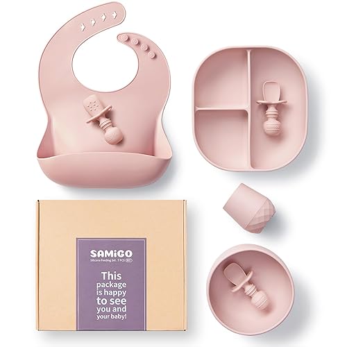 SAMiGO Silicone Baby Feeding Set, Baby Led Weaning Supplies, Suction Bowl Plate Bib Cup Self Feeding Spoons, Solid Food Eating Essentials, First