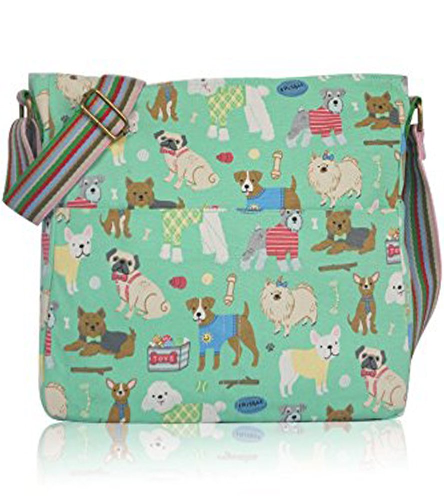 Womens Canvas Dogs Print Messenger Fashion Cross Body Bag Ladies Handbag (MixDog/Green)