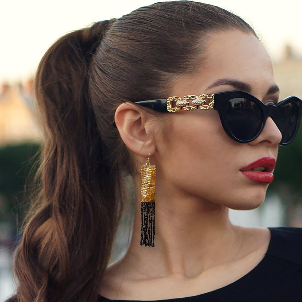 SPUNKYsoul Handmade Statement Earrings for Women - Miyuki Delica Seed Bead Fashion Earrings, Gold and Black, Shimmering Lightweight Earrings for Women (GOLD & BLACK) - Image 5