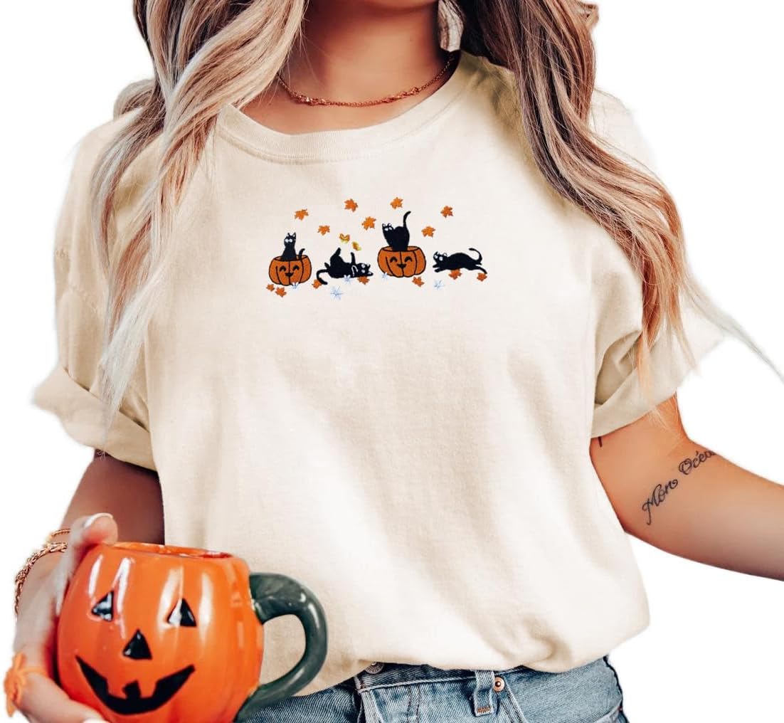 Embroideried Fall Halloween Shirts Women Ghost Cat Spooky Season Shirt Vintage Fall Pumpkin Graphic Tee Tops