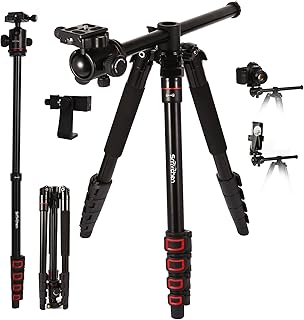 70"Axis Horizontal Tripod Monopod with Ball Head and Phone Clamp Compatible with Cameras and iPhone 15 Pro Max with Rotatable Center Column 5-Section Aluminum Alloy Tripod Max. Load 10kg(Red)