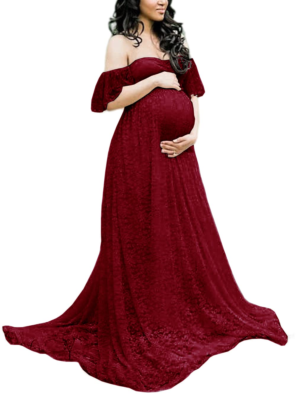 ZIUMUDY Photography Maternity Dress Off Shoulder Lace Baby Shower Pregnant Wedding Dress