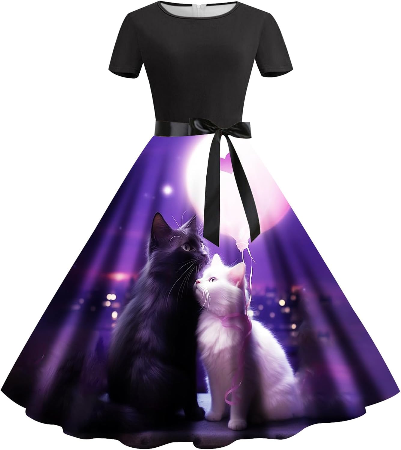 Womens Fashion Valentines Day Cat Print Round Neck Short Sleeve Retro Casual Dress One Short Maxi Dresses for