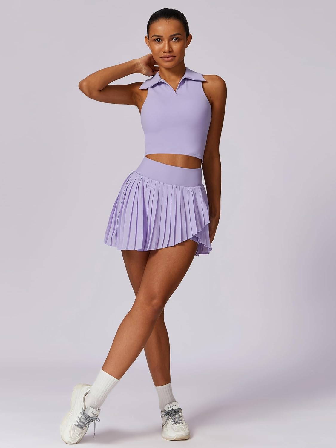 Women 2 Piece Tennis Dress Sleeveless Racerback Padded Crop Top Pleated High Waisted Tennis Skirt Golf Workout Outfits - Image 4