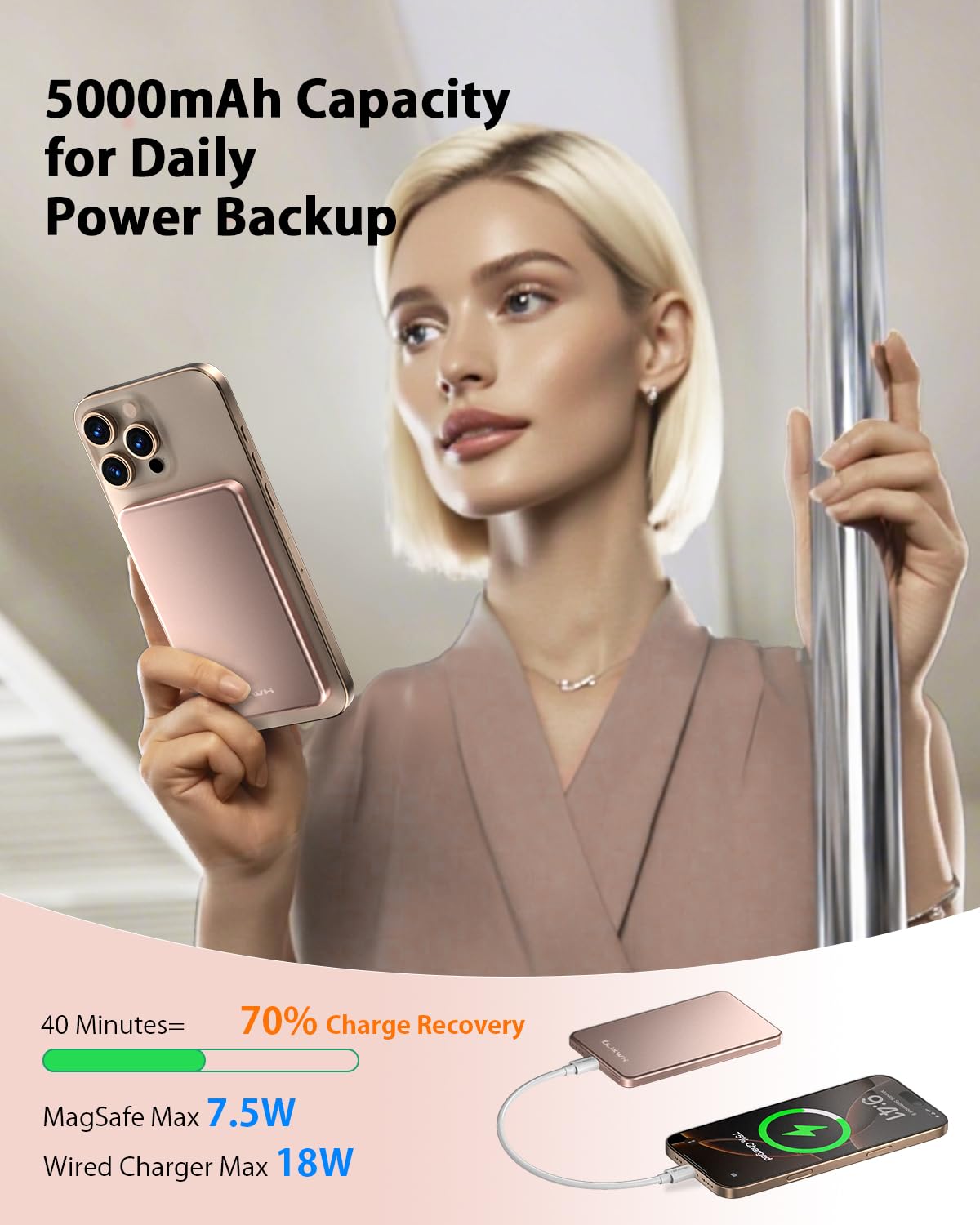 [0.3" Ultra Slim] [Alloy-Made] ULiXWH for Magsafe Portable Charger for iPhone, 2026 Upgrade 5000mAh Fast Charging Magnetic Power Bank, Wireless Battery Pack for iPhone 17 Air 16 15 Pro Max 14 13, Pink — view 3