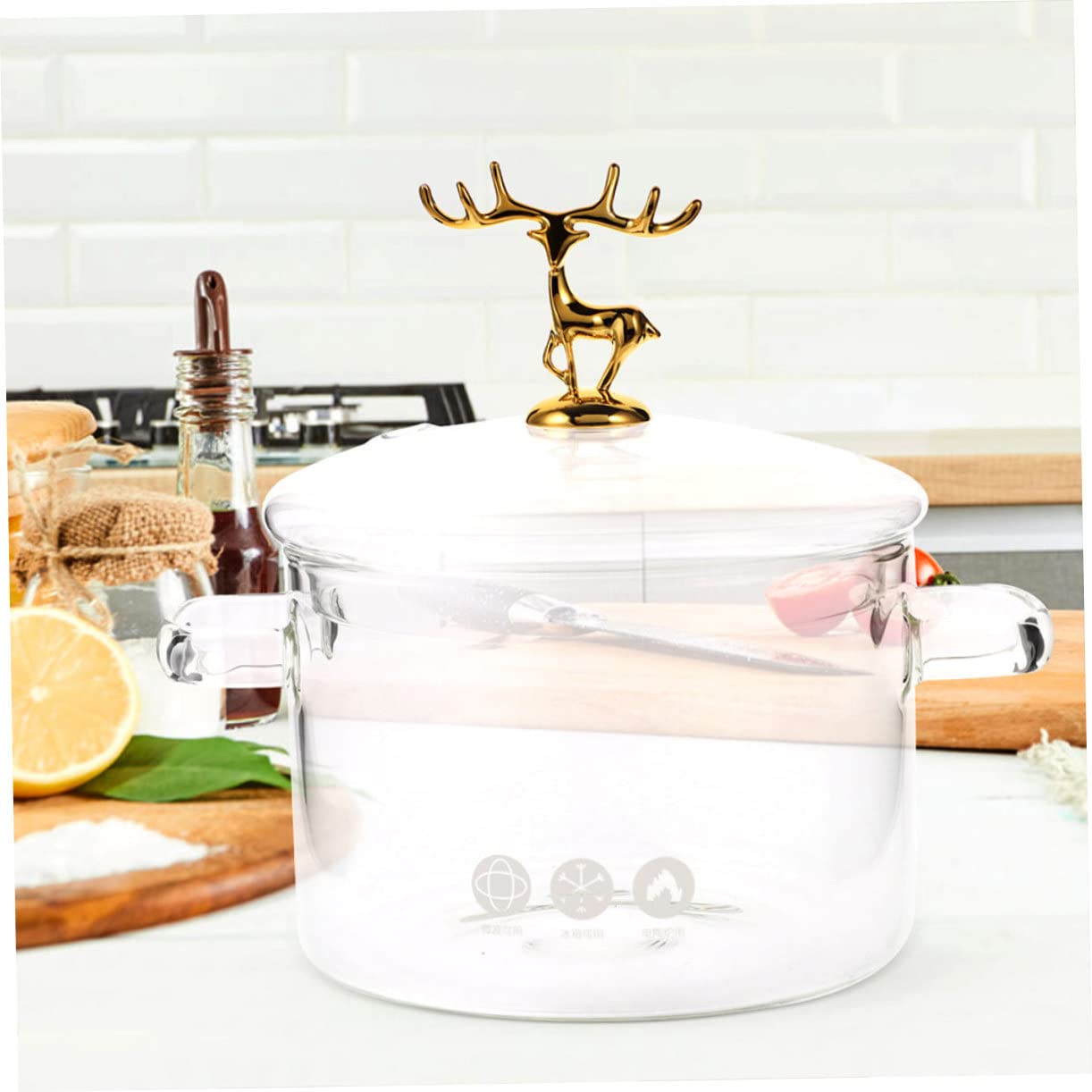 Hitzebeständiger Glas Instantnudeltopf 1900ml mit Elch Stil Deckel Transparent und Kältebeständig zum Kochen von Nudeln und Suppen im Haushalt