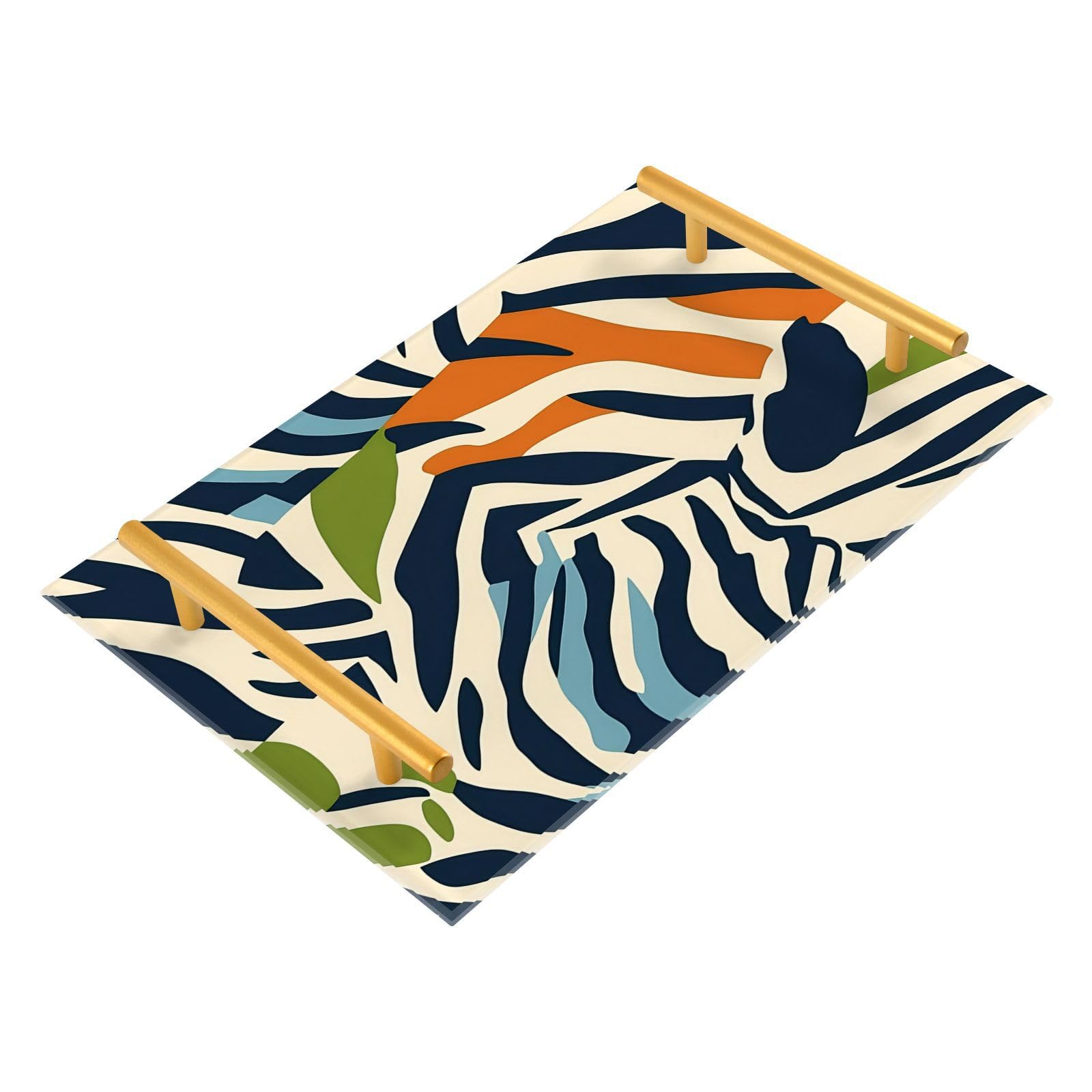 GUIJI Zebra Stripes Acrylic Tray, Perfume Cosmetic Jewelry Decorative Trays Bathtub Organizer, Living Room Kitchen Serving Tray with Gold Handles