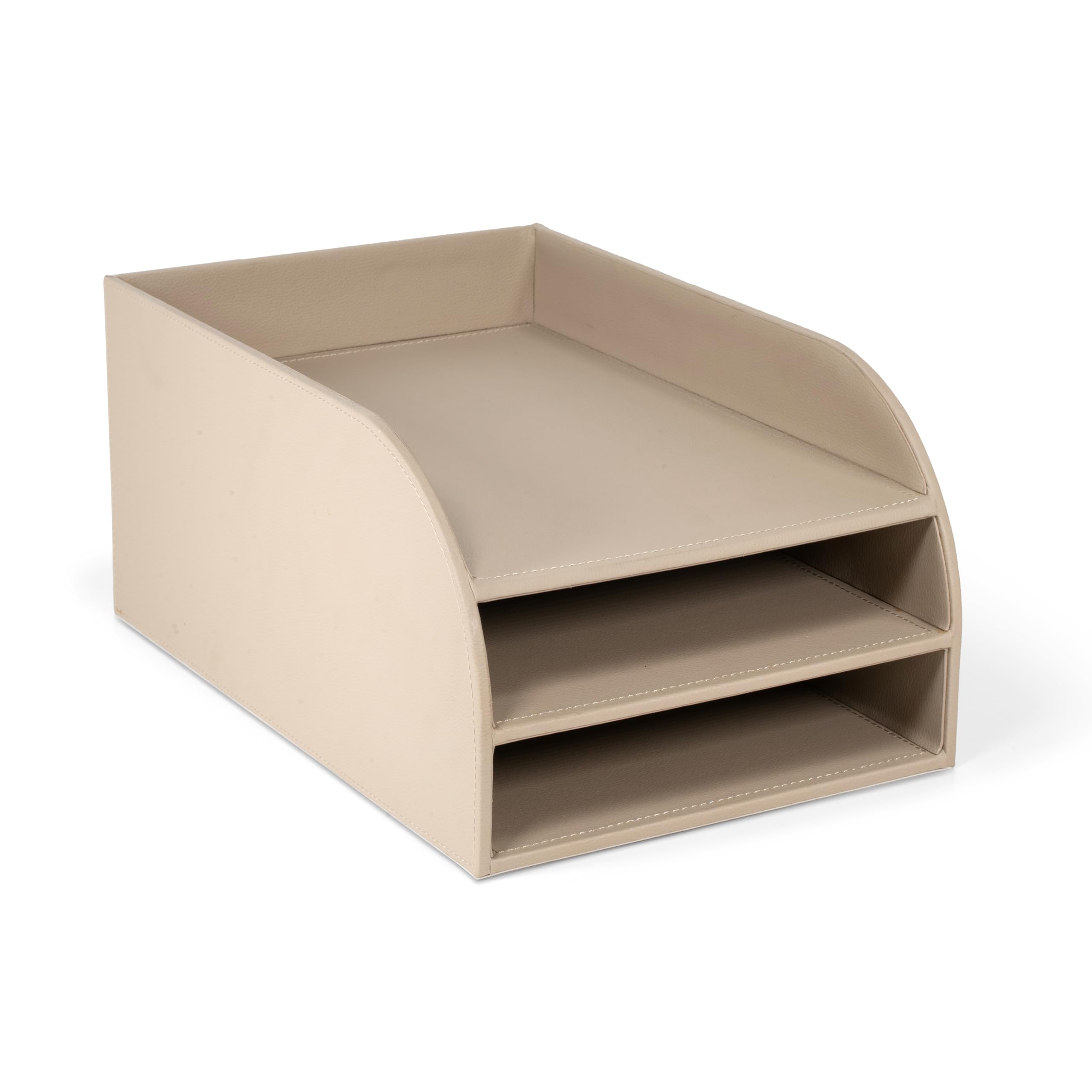 OSCO Light Taupe Faux Leather Three Tier Letter Tray, A4 Desk File Organiser, Paper Storage, Office Document Sorter, Desktop Storage, Home Office, H17.5 x W25 x D37.5 cm