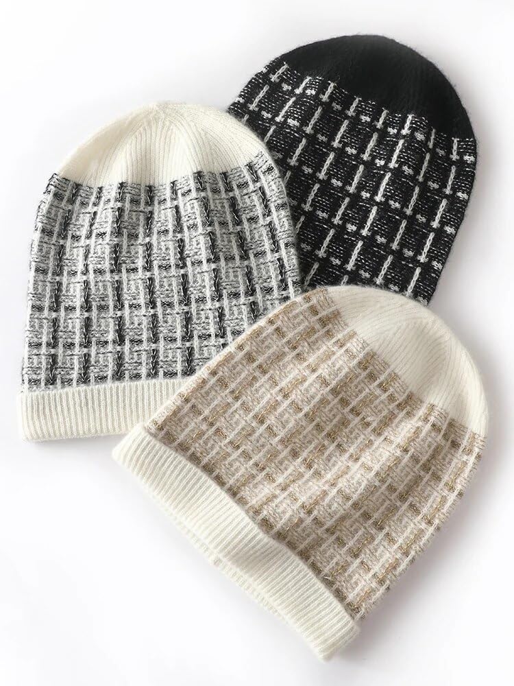 Kaszmirowa czapka zimowa damska ciepła czapka outdoorowa czapka beanie dzianinowa krata w paski kaszmirowa czapka zabezpieczająca