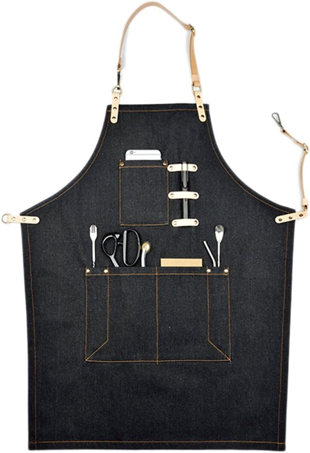 S M L Size Work Utility Apron Leather Strap Custom Black denim Apron for Men Barbershop Hairdresser Women Kitchen Personalized Barbershop Coffee Apron Utility Apron With Pockets
