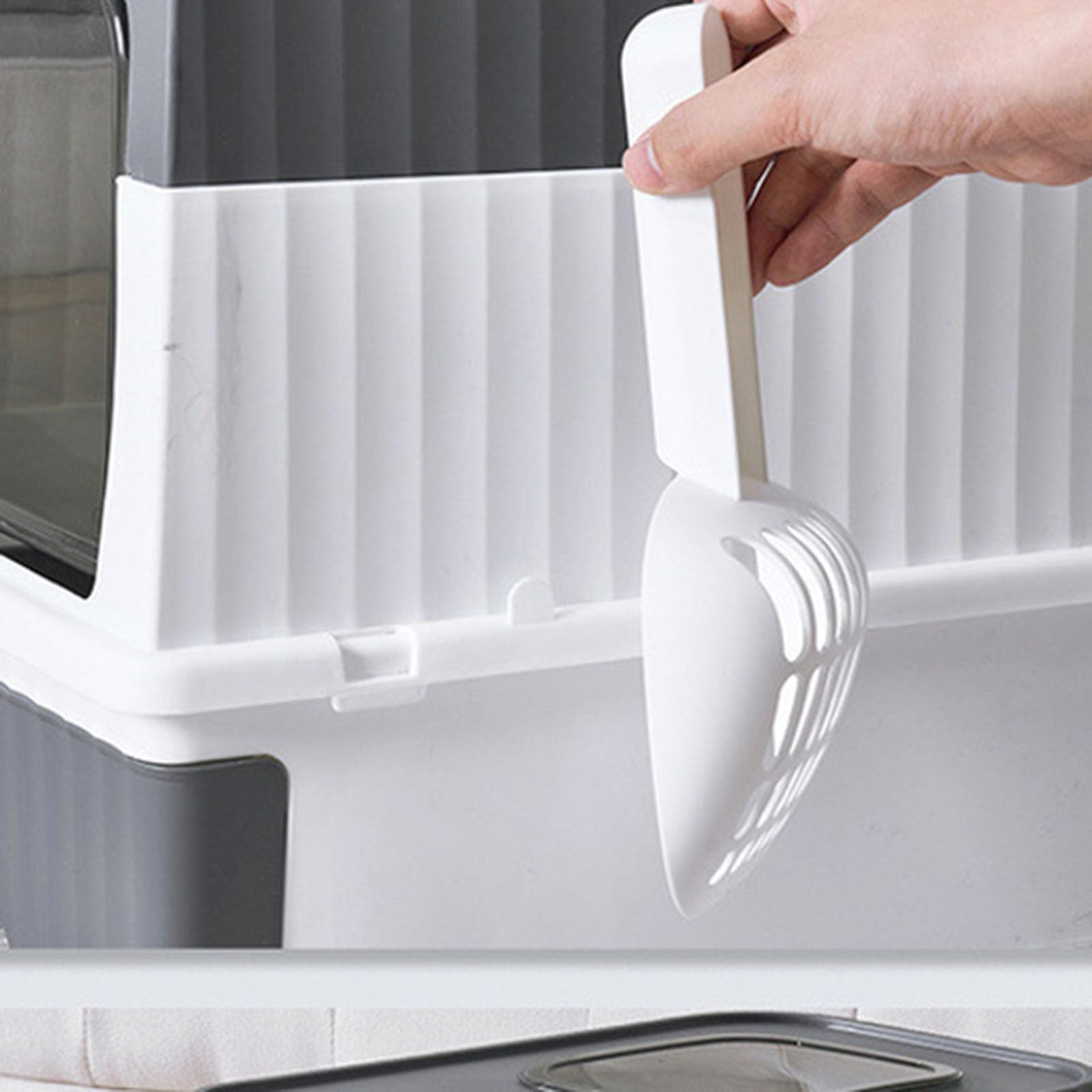Lettiera autopulente per gatti, pieghevole, con coperchio e paletta, design con ingresso frontale per un facile accesso, portatile e facile da pulire (grigio)