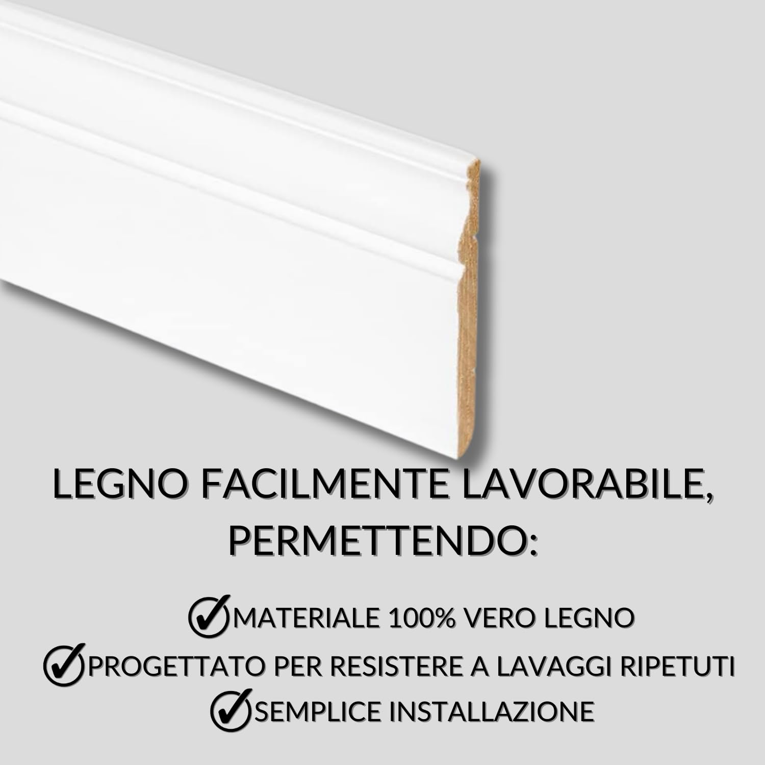 TWE Tucci Wood Essence Battiscopa Laccato Bianco Coloniale in Vero Legno per Interni Made in Italy Resistente a Lavaggi al 100% Confezione x1 (14x140x2500) mm