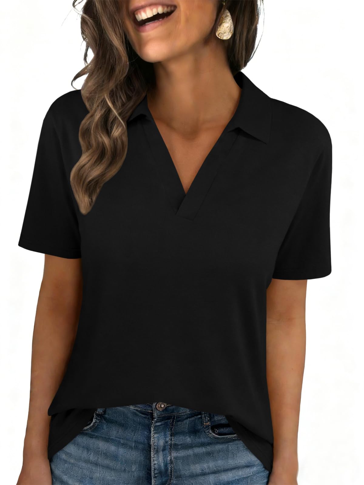 Womens Polo Shirts Short Sleeve V Neck Collared Business Summer Blouse Top | Collared Shirts, Casual Tops, Ladies Polo, Golf Shirts, Plus Size, Stretchy, Summer Fall Clothing, Trendy Outfits