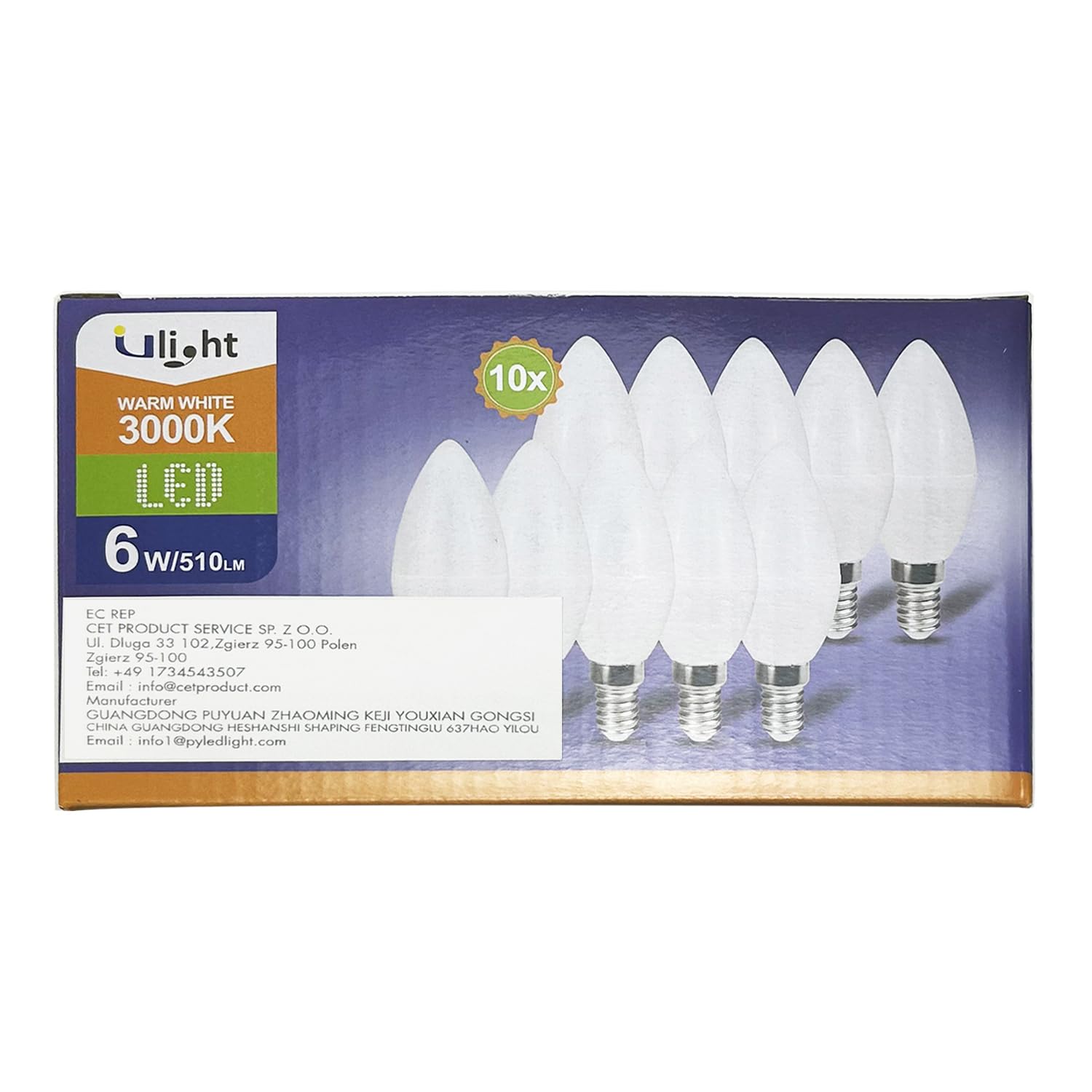 ULIGHT Lampadina LED E14 Oliva, 6W Equivalente a Incandescente da 50W, Luce Bianca Calda 3000K, 510 Lumen, 220V-240V Non Dimmerabile, Fascio Luce 210°, Confezione da 10 Pezzi