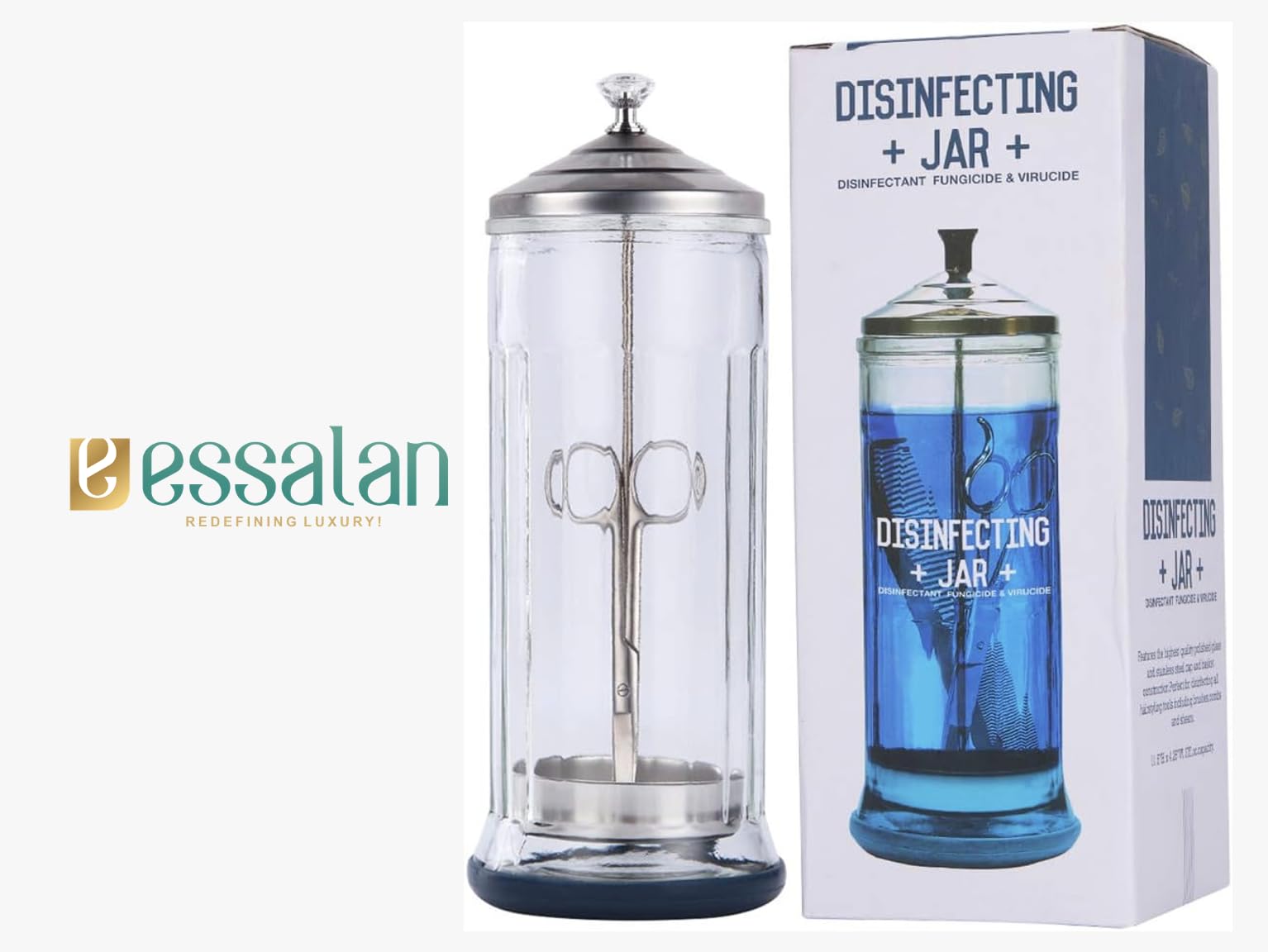 Disinfectant Jar | Professional Sterilization Large Glass Jar for Barbers and Salons - 1.09L Capacity, Stainless Steel Inner Parts, Detachable Non-Slip Rubber Base