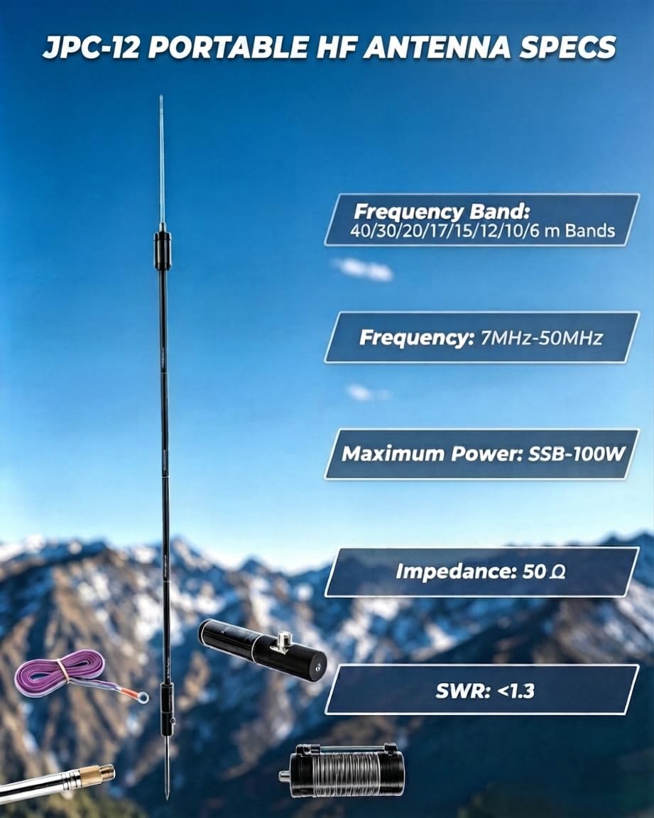 JPC-12 Antenas HF para Radio jamón con regulador Deslizante 7MHz-50MHz, Antena Vertical Hf de 40 m-6 m, 8 Bandas para Exteriores de 4,1 Metros (M10)