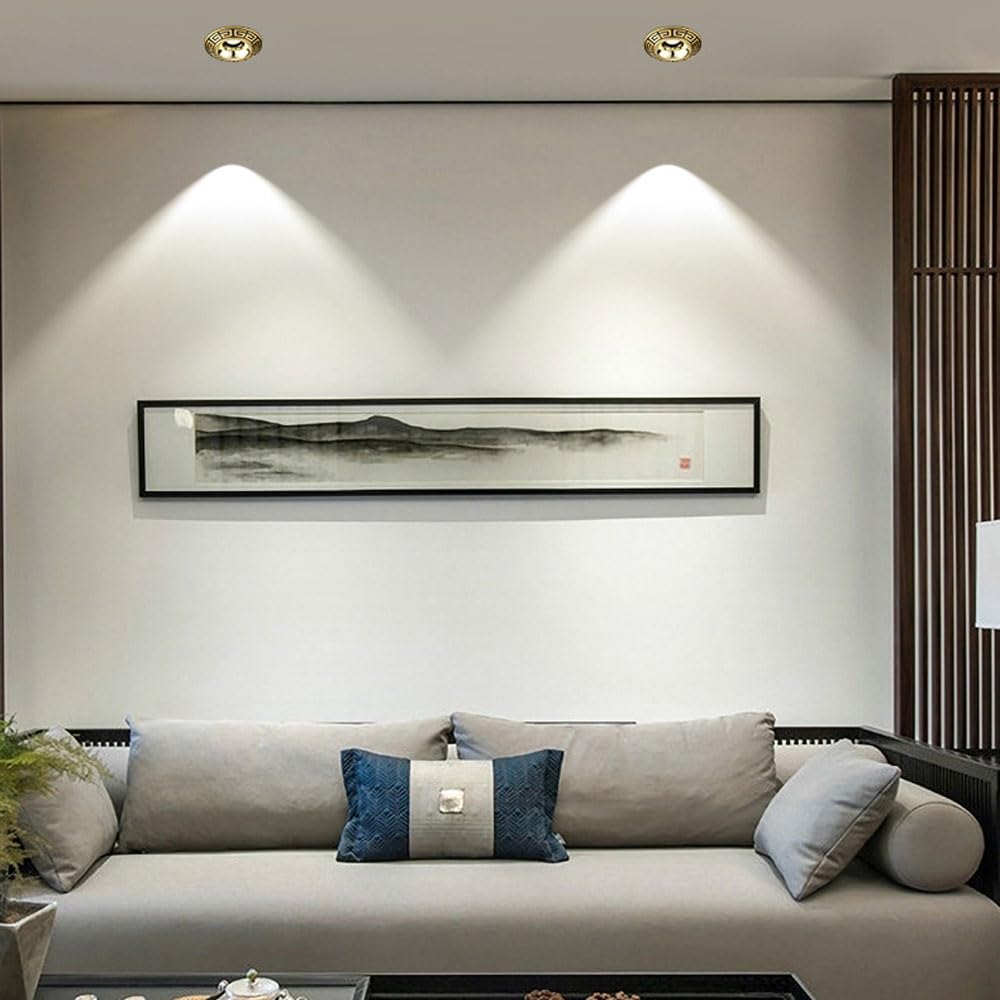 WLBHWL 4.3-inch 6W, 8W, 10W, 12W, 14W LED Recessed Downlight, Spotlight COB Embedded Ceiling Light -3 Color Temperatures in One, Dimmable LED Downlight, CRI90,Brass Baffle Trim