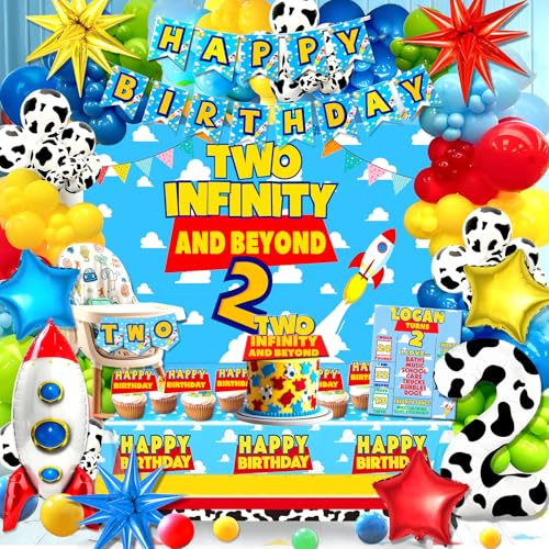 125pcs Two Infinity and Beyond Birthday Decorations Cartoon Story 2nd Birthday Party Supplies Balloons Backdrop Banner Tablecloth Cake Topper for 2 Infinity and Beyond Bday Decor