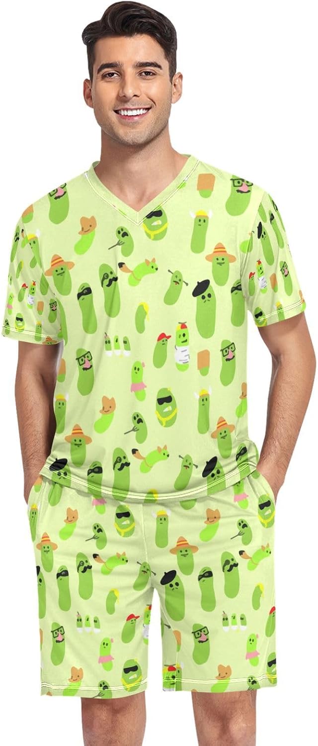 Men's Pajama Set Short Sleeve V Neck 2 Piece Nightwear Summer Sleepwear Shorts With Pockets Pjs