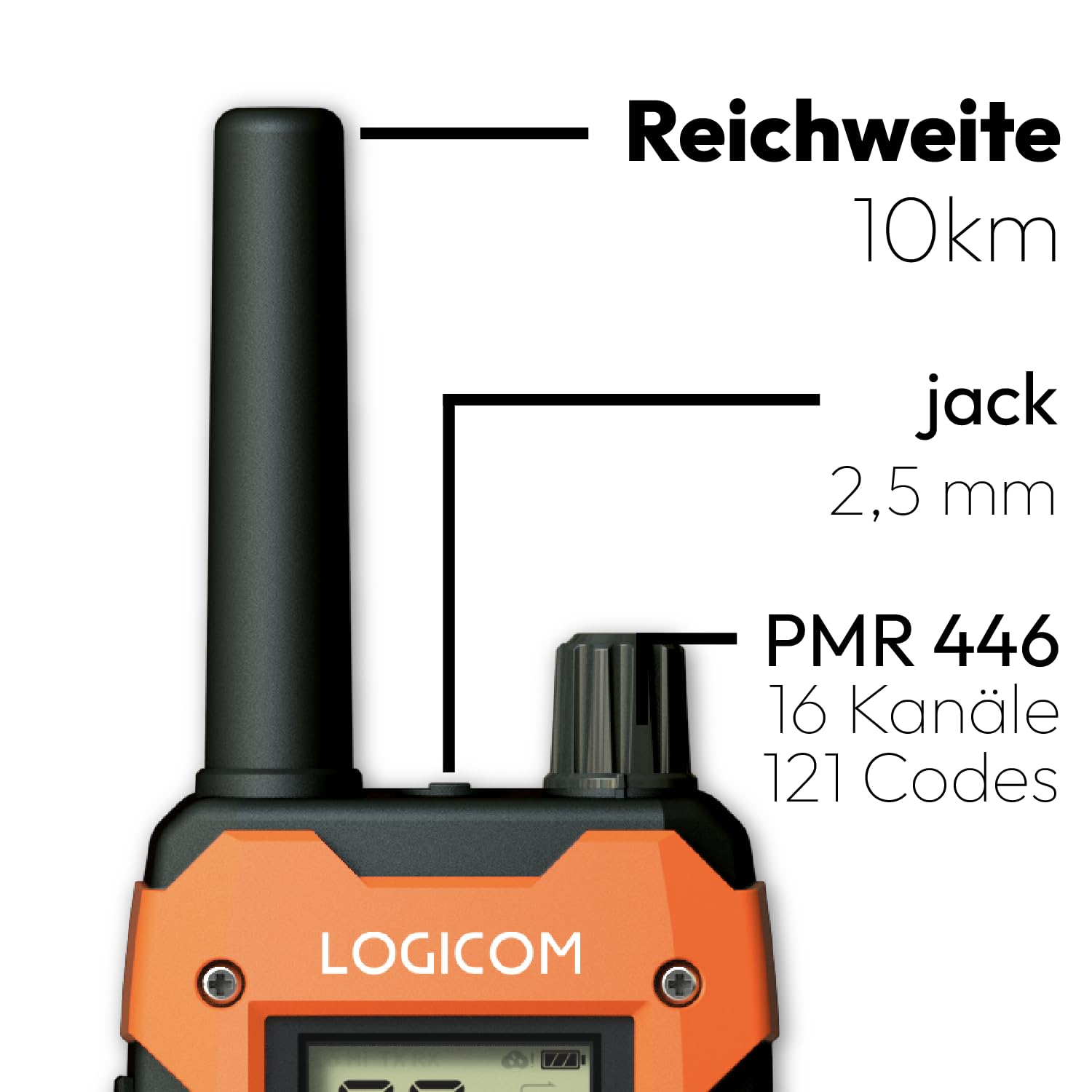 Logicom Extreme - Walkie-Talkie - PMR446 - Portata 10 km - Autonomia 36h - IP67-16 canali - Schermo LCD - USB-C Torcia - VOX Vivavoce - Audio Jack - Batteria 2000 mAh - Confezione da 2 radio