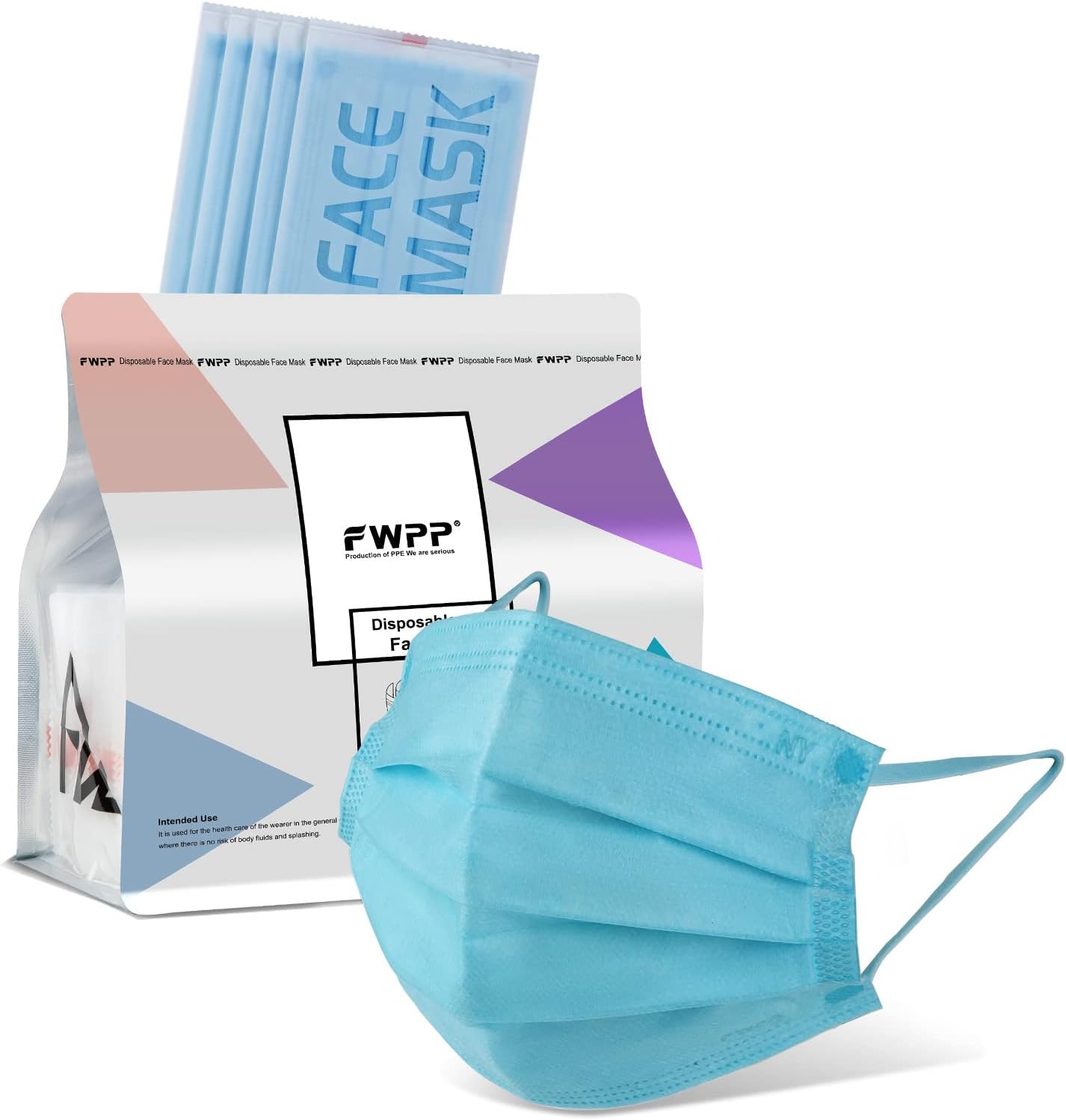 FWPP 4 Layer Individually Wrapped Disposable Face Masks 50 pcs Blue Earloop