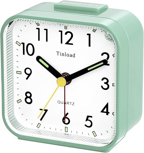Miniatura 2 de Reloj despertador analógico pequeño con pilas, silencioso, sin tictac, sonidos de pitido ascendente, repetición, funciones de luz (verde menta)