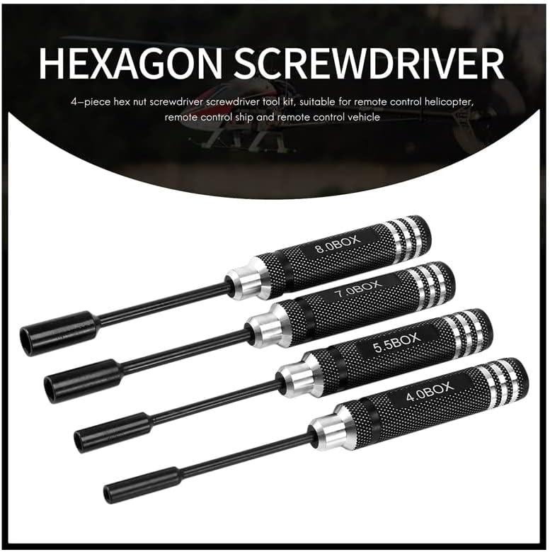 4Pcs Hex Nut Drivers Screw Driver Tools Kit Set for RC Helicopter RC Boat Rc Cars, Metal 4.0/5.5/7.0/8.0Mm Screwdrivers - (Color: Black)