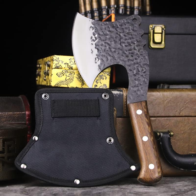 MAYiT Cuchillo de carnicero para carne, hacha táctica afilada de acero de alto carbono forjado a mano, mango de madera de sándalo, hacha de corte de