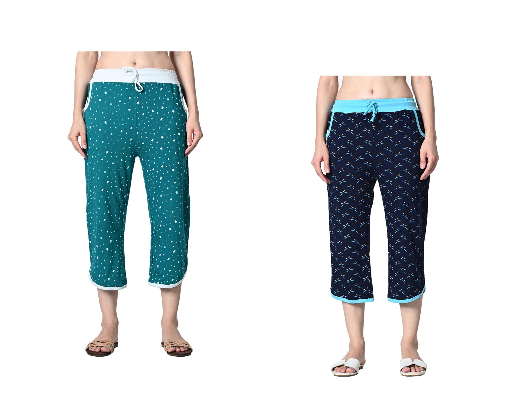 kayu Pack of 2 Women’s Cotton Printed Nightwear Capri with Both Side Pockets, Elastic Waist & Drawstring Nada, Soft Comfortable Sleepwear Capri Multicolor-picture-17