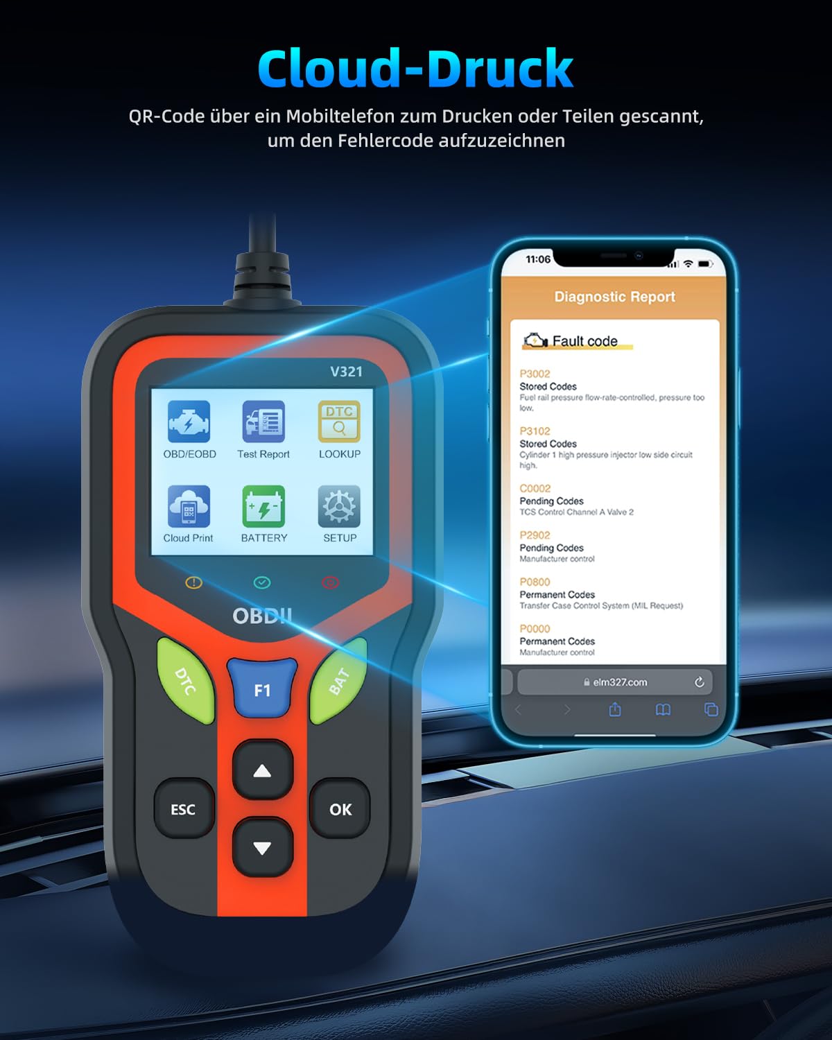 Carehabi OBD2 Diagnosegerät, Diagnosegerät Auto, Auslesegerät Auto für Alle Fahrzeuge seit 1996 & Newer (Schwarz)