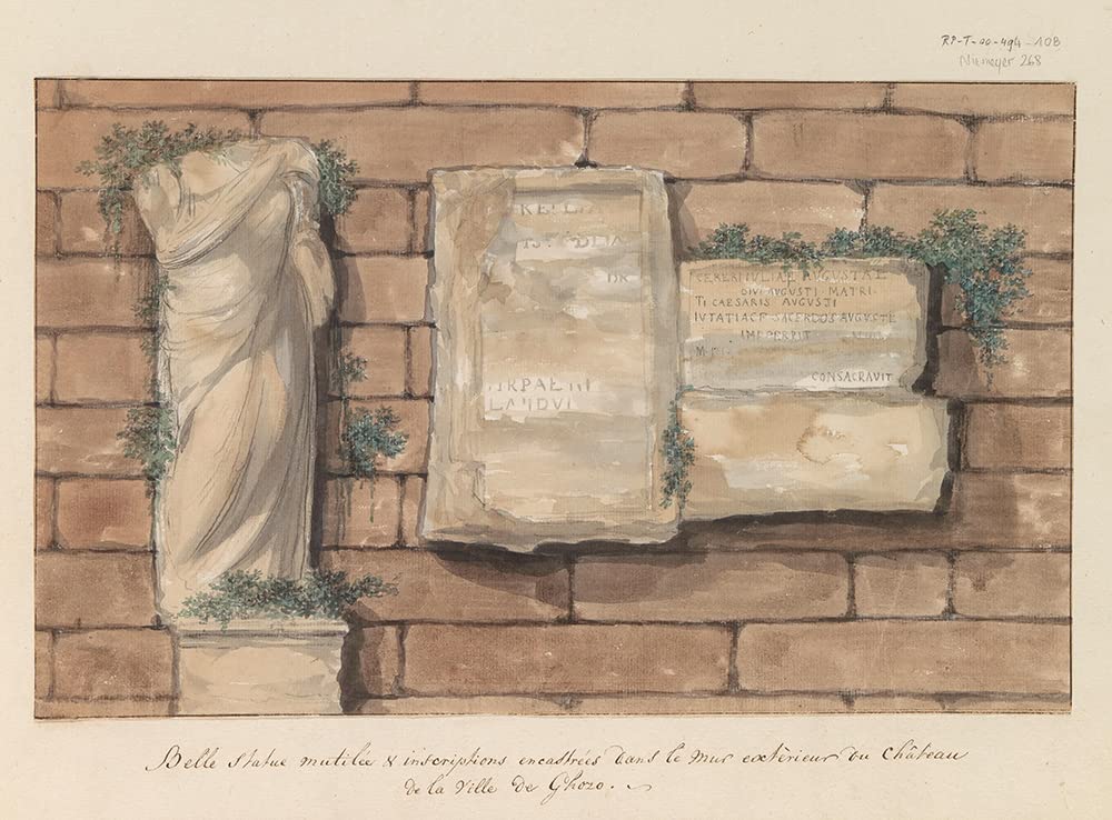 ArtDirect Damaged Image and Inscriptions Bricked in Wall of Castle in the City of Gozo (1778) 48x35 UnFramed Museum Art Print Poster Ready for Framing by Louis Ducros (Swiss, 1748-1810)