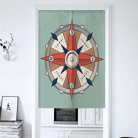 Amazon ダイソー の のれん 70x150cm コンパスイラスト矢印カートグラフィ旅路常に北 間仕切り 目隠し和風 暖簾断熱エコスクリーン使用リビング階段の断熱に ユニベール のれん 和 のれん イラスト 暖簾 袋縫い のれん オンライン通販