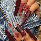Hkanlre Red Press on Nails Tips Coffin Long Leaf Fake Nails Bling Full Cover Ballerina Rhinestones False Nails for Women and Girls 24PCS