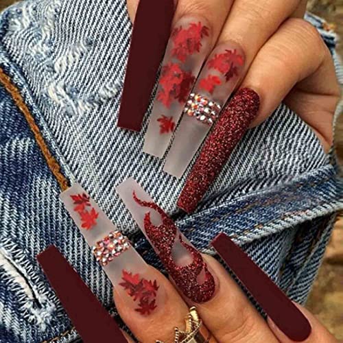 Hkanlre Red Press On Nails Tips Coffin Long Leaf Fake Nails Bling Full Cover Ballerina Rhinestones False Nails For Women And Girls 24Pcs #TOP18
