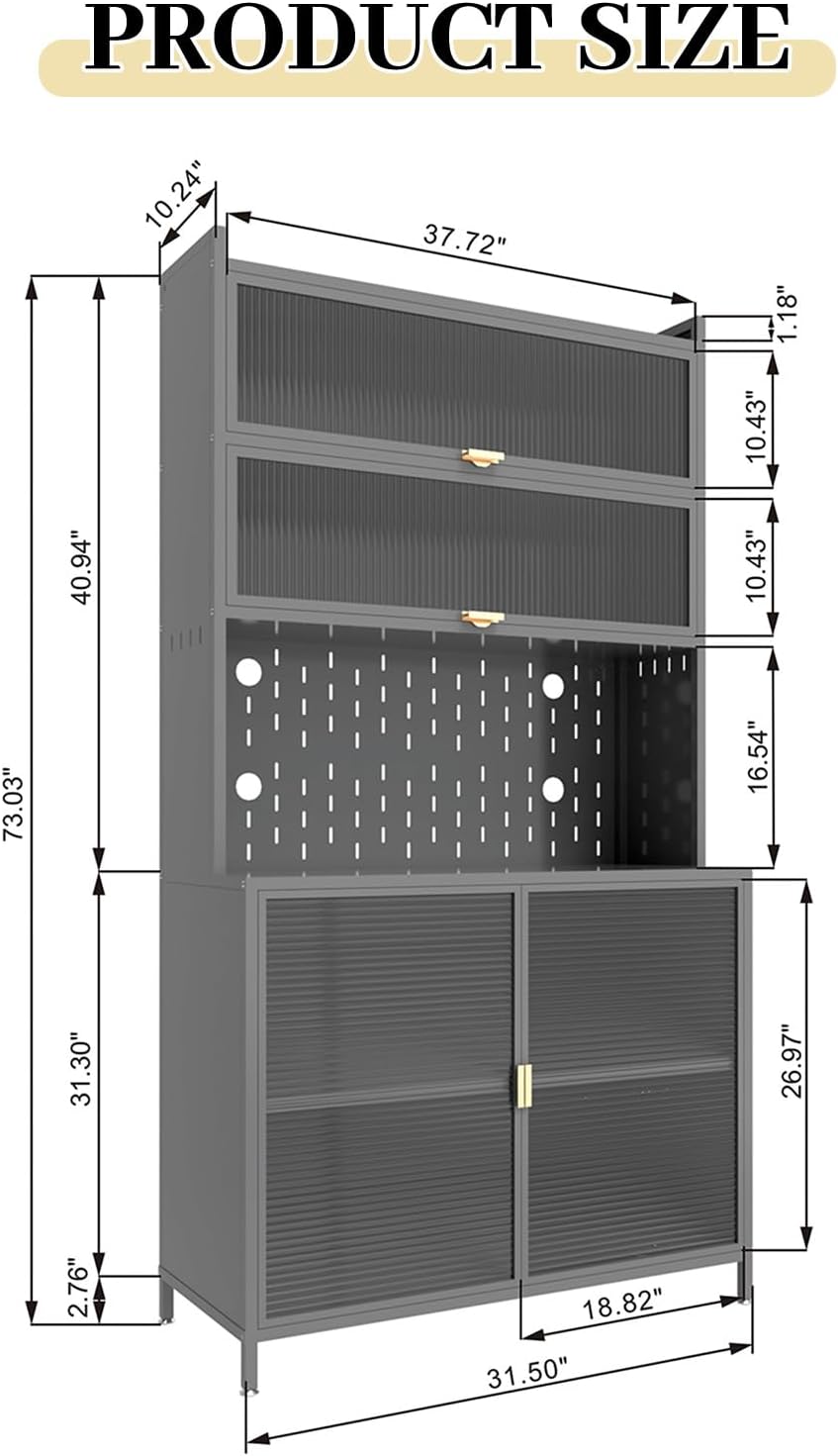 73" Kitchen Pantry Cabinet, Tall Hutch Storage Cabinet, Kitchen Hutch with Countertop and Outlets, Metal Pantry Hutch with Adjustable Shelves and Flip Door for Dining Room, Grey