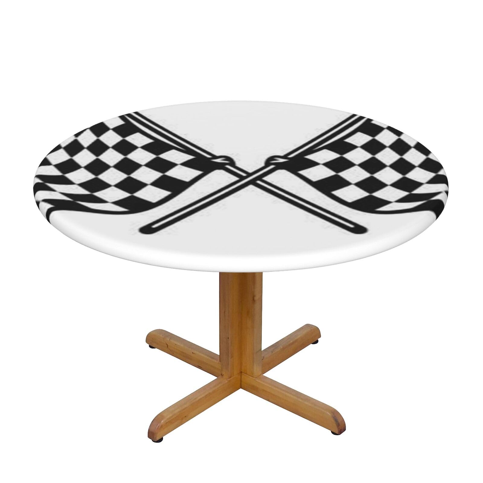 Ffshkowe Checkered Flags Race Flag Elastic Round Tablecloth Oil Proof Table Cover For Dining Party Picnic