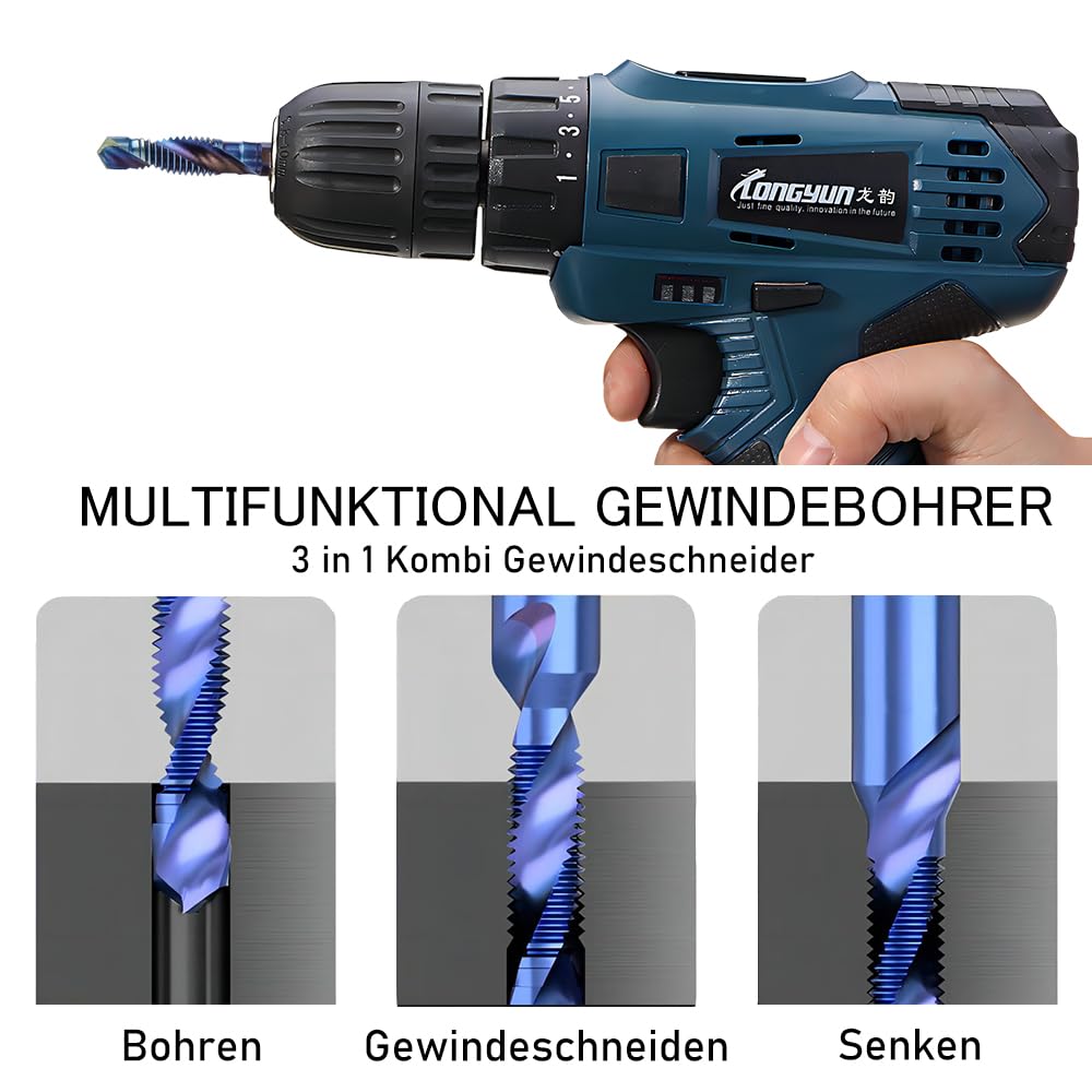 Treki Lot de 6 tarauds combinés M3 M4 M5 M6 M8 M10 - Tarauds manuels - Tarauds hélicoïdaux avec 6,35 mm - Pour visseuse sans fil - Taraud manuel HSS
