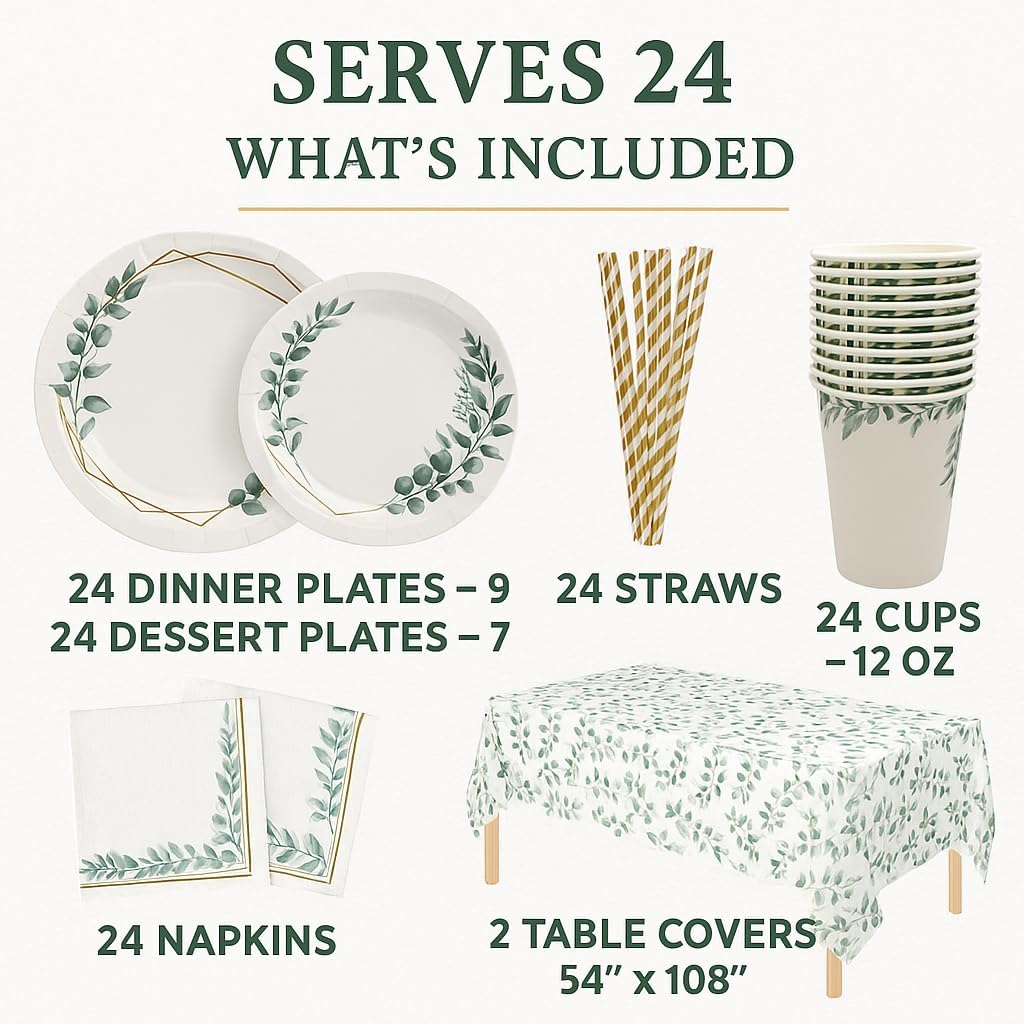 Oojami Floral Party Supplies Set for 24 – Eucalyptus Greenery Plates, Cups, Napkins, Straws & Table Covers, Disposable Botanical Tableware for Baby Shower, Bridal Shower, Wedding, Birthday, Tea Party