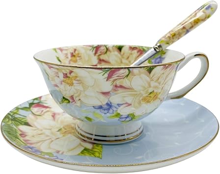 Vintage Ceramic Teacup, Elegant Coffee Cup with Spoon and Saucer Set, Fine Royal Bone China Tea Cups Blue