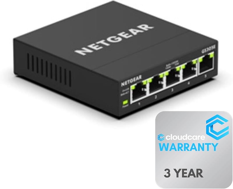 NETGEAR GS305 5-Port Gigabit Ethernet 𝐔𝐧𝐦𝐚𝐧𝐚𝐧𝐚𝐠𝐞𝐝 𝐒𝐰𝐢𝐭𝐜𝐡 | Plug-and-Play | Cloud Care's 3 Year Warranty SupportPlus Included, black