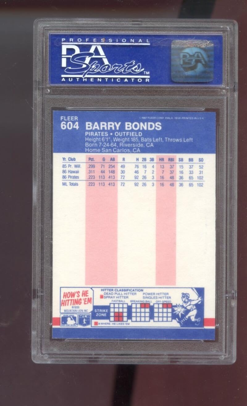 1987 Fleer GLOSSY #604 Barry Bonds ROOKIE RC PSA 9 Graded Baseball Card MLB Tiffany Pittsburgh Pirates
