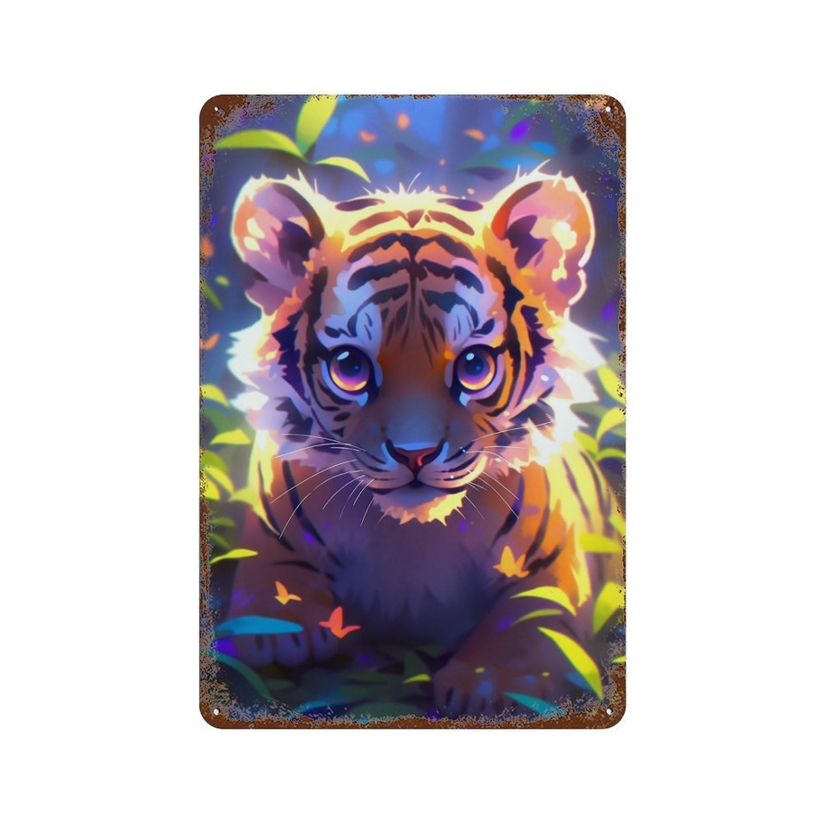 Glowing Tiger Cub Art Print Aged Metal Wall Plaque 11.8"x7.9", Classic Wall Plaque for Garage, Pub Or Kitchen